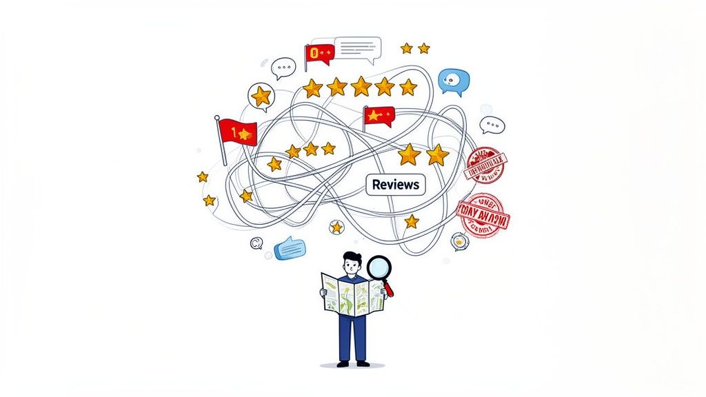 A man uses a magnifying glass to understand complex online reviews, ratings, flags, and chat bubbles.