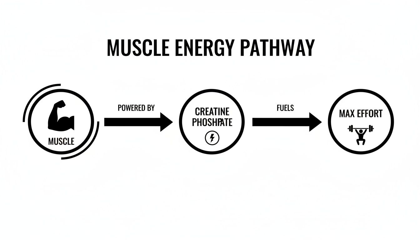Diagram illustrating the muscle energy pathway where creatine phosphate powers muscles for maximum effort.