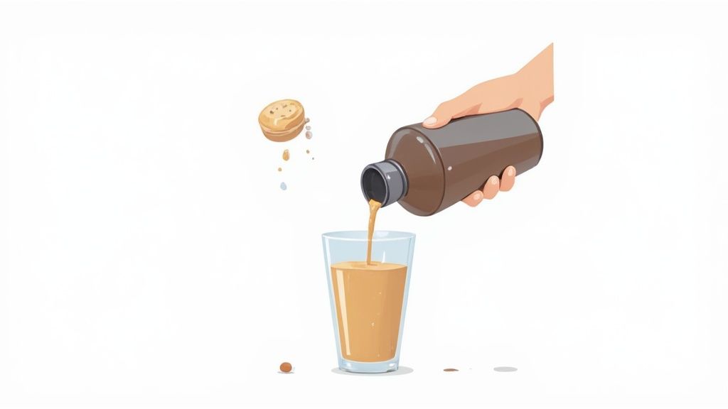 A hand pours a brown drink from a bottle into a glass, with a cookie floating nearby.