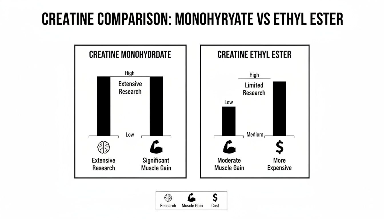 Comparison chart contrasting creatine monohydrate versus ethyl ester's research, muscle gain, and cost.