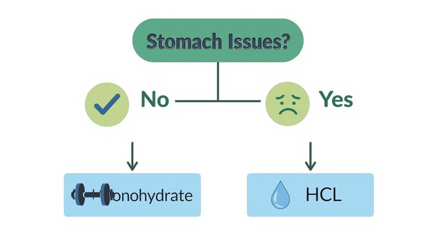 Decision flowchart comparing creatine monohydrate and HCL based on stomach sensitivity issues