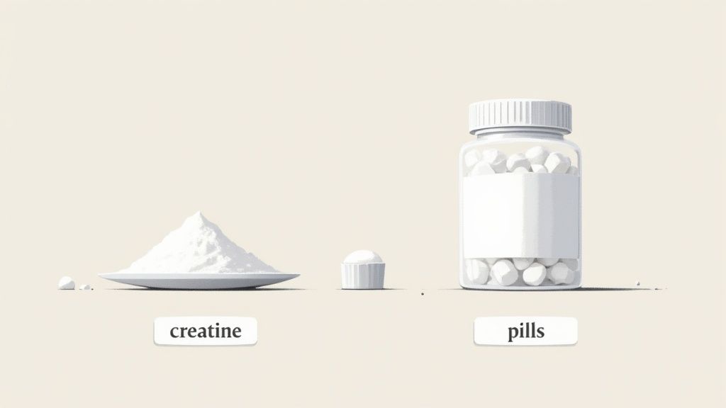 A pile of white creatine powder on a plate and a bottle of white creatine pills.