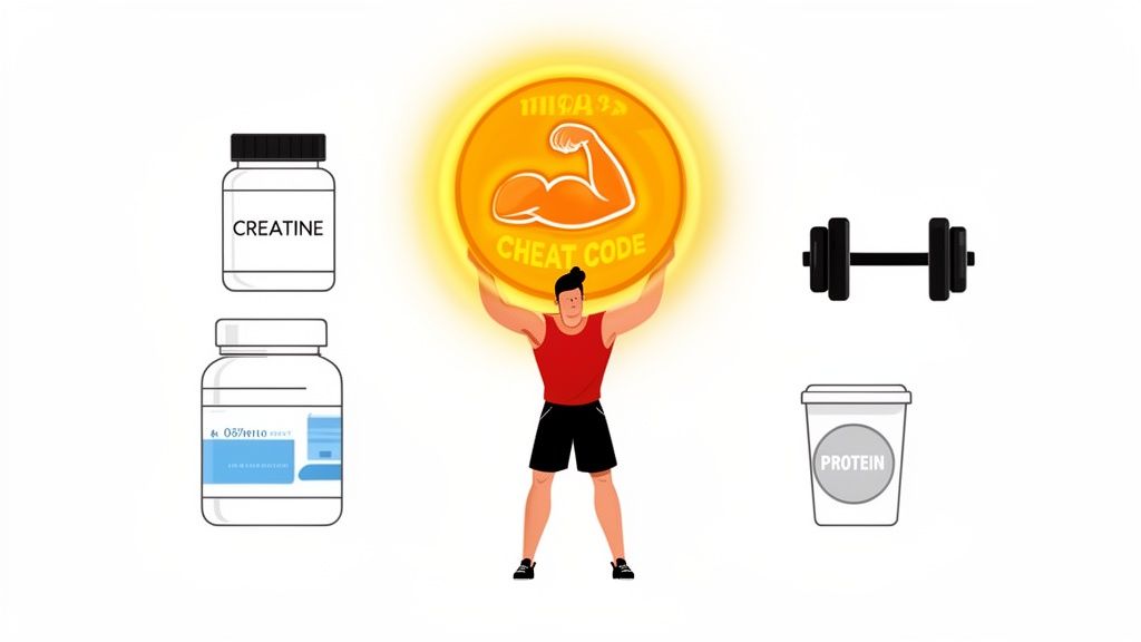 A man holds a glowing "CHEAT CODE" coin, surrounded by creatine, protein, and a dumbbell.