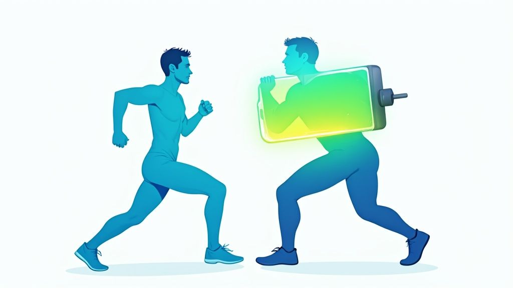 Two athletic men, one running and one carrying a glowing battery, symbolizing energy and performance.