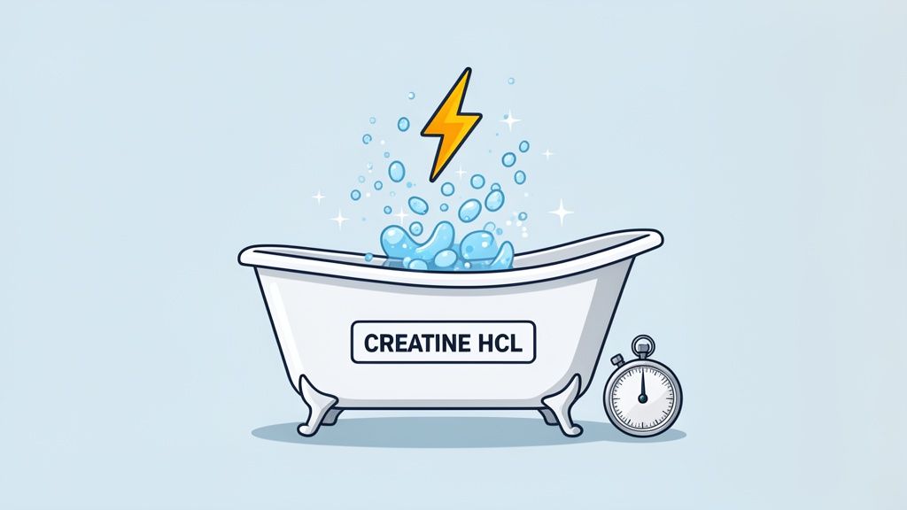 Cartoon illustration of a bathtub labeled 'CREATINE HCL' with splashing water, a lightning bolt, and a stopwatch.