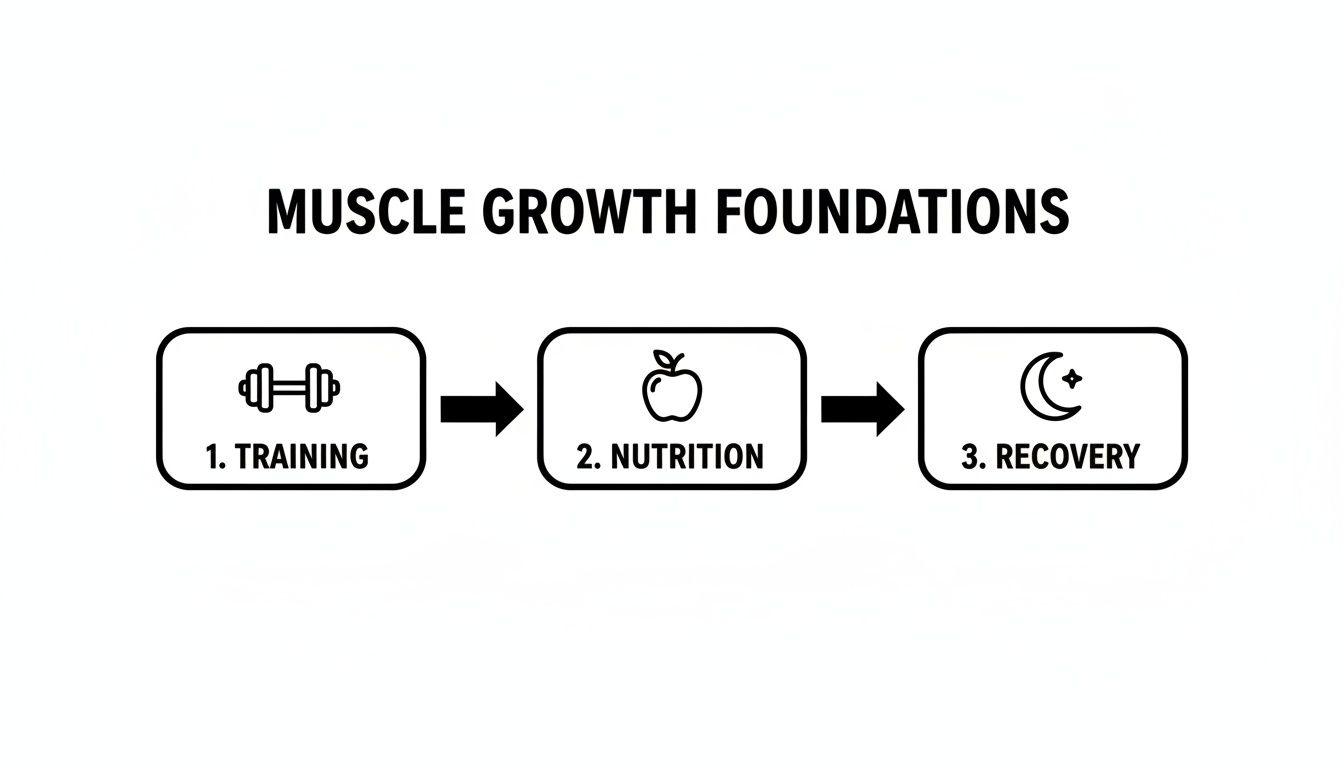 Flowchart showing the foundations of muscle growth: 1. Training, 2. Nutrition, 3. Recovery.