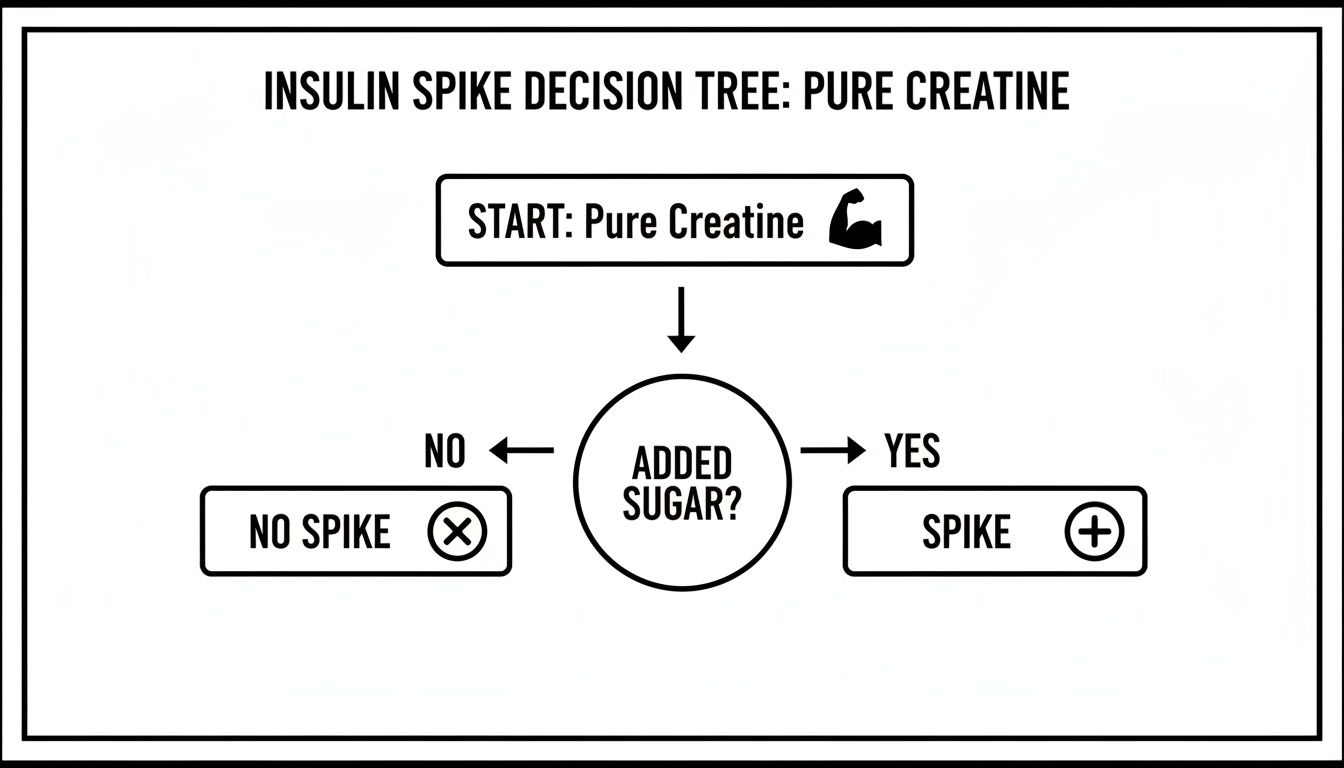 Decision tree explaining that pure creatine causes an insulin spike only if added sugar is present.