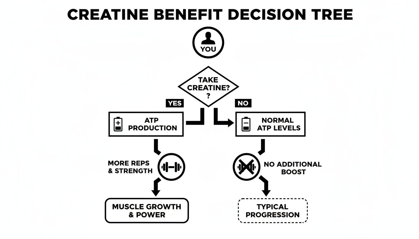 A creatine benefit decision tree showing positive effects like muscle growth with supplementation.