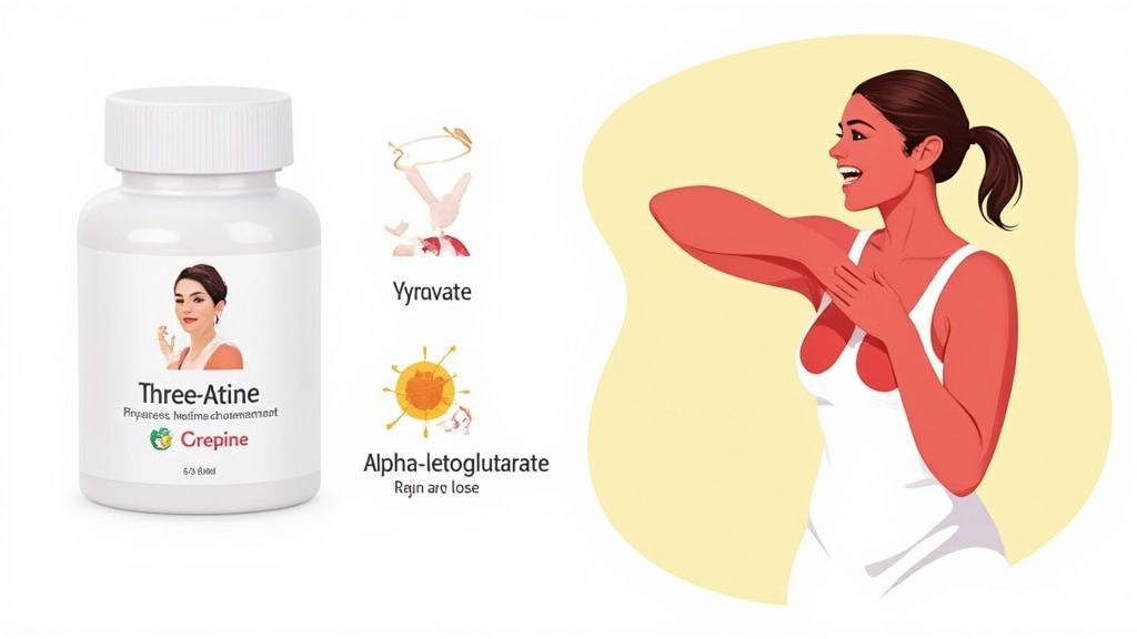 A sleek bottle of Crazy Muscle's Three-Atine Creatine next to a shaker bottle and weights.