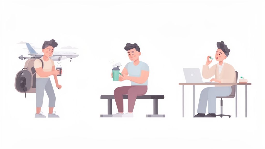 A man in three different scenes, drinking coffee, mixing a supplement, and taking a pill at his desk.