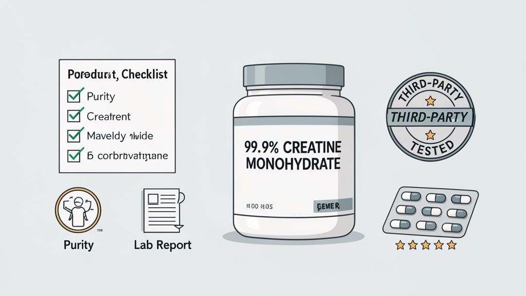 Illustration showing creatine monohydrate purity checklist, third-party tested seal, lab reports, and customer ratings.