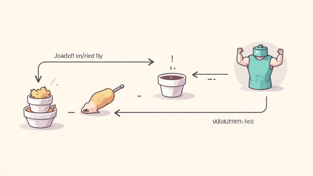 A lighthearted diagram illustrating the flow of energy from various foods to a strong battery-headed person.