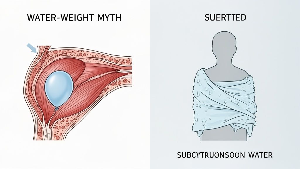 An illustration showing anatomical tissue with a balloon representing water weight and a figure wrapped in a wet cloth.