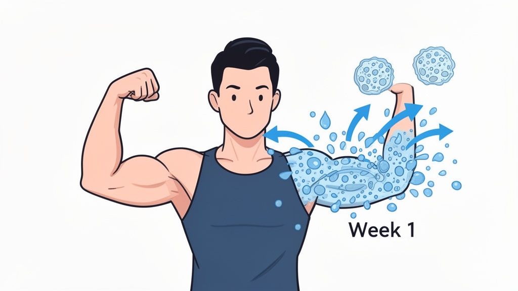 Diagram of a man's bicep filling with water and cells, representing muscle hydration.