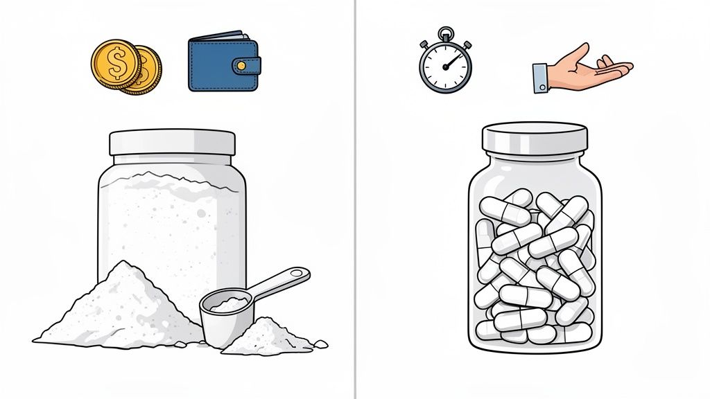 Comparing powder supplements with money and a wallet versus capsule supplements with a stopwatch and hand.