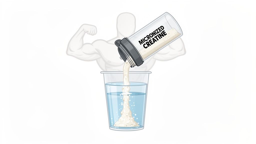 Micronized creatine powder being poured from a shaker bottle into a glass of water.