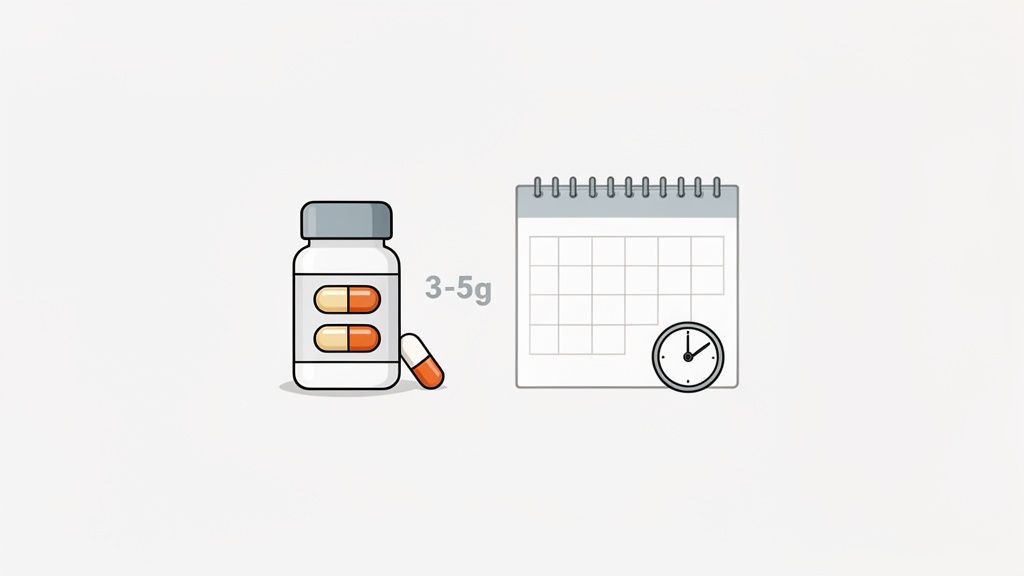Illustration depicting creatine capsules in a bottle, a 3-5g dosage, and a calendar with a clock for scheduling.