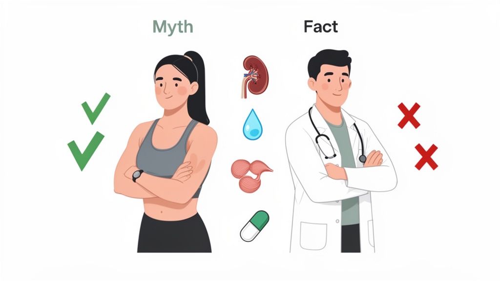 Illustration of health myths vs. facts, showing an athlete with checks and a doctor with crosses.