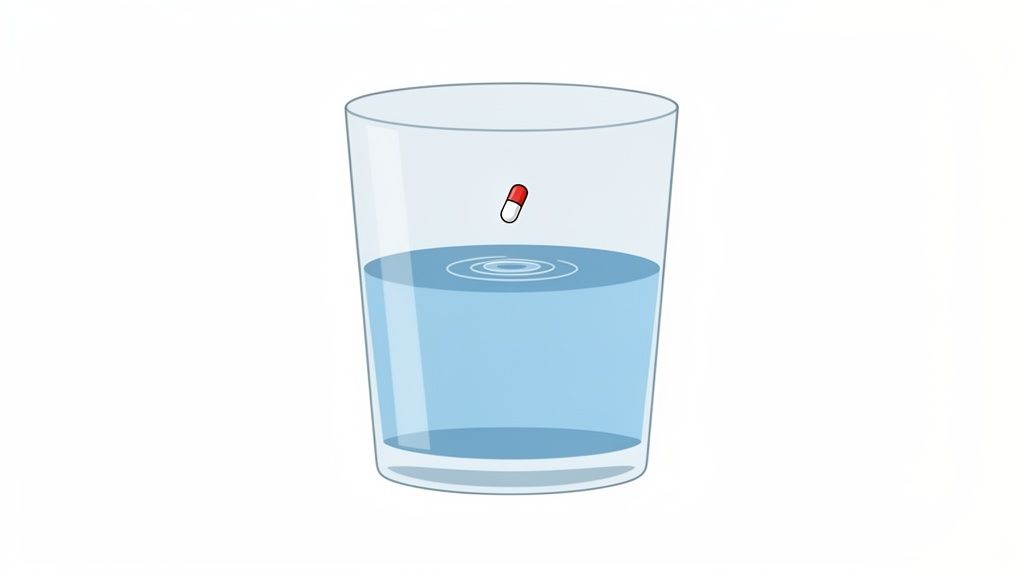 A red and white pill is falling into a glass of water, creating ripples on the surface.
