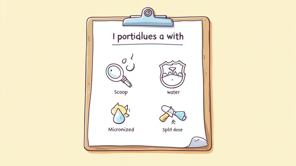 Clipboard showing how to portion creatine with scoop, water, micronized form, and split dose options
