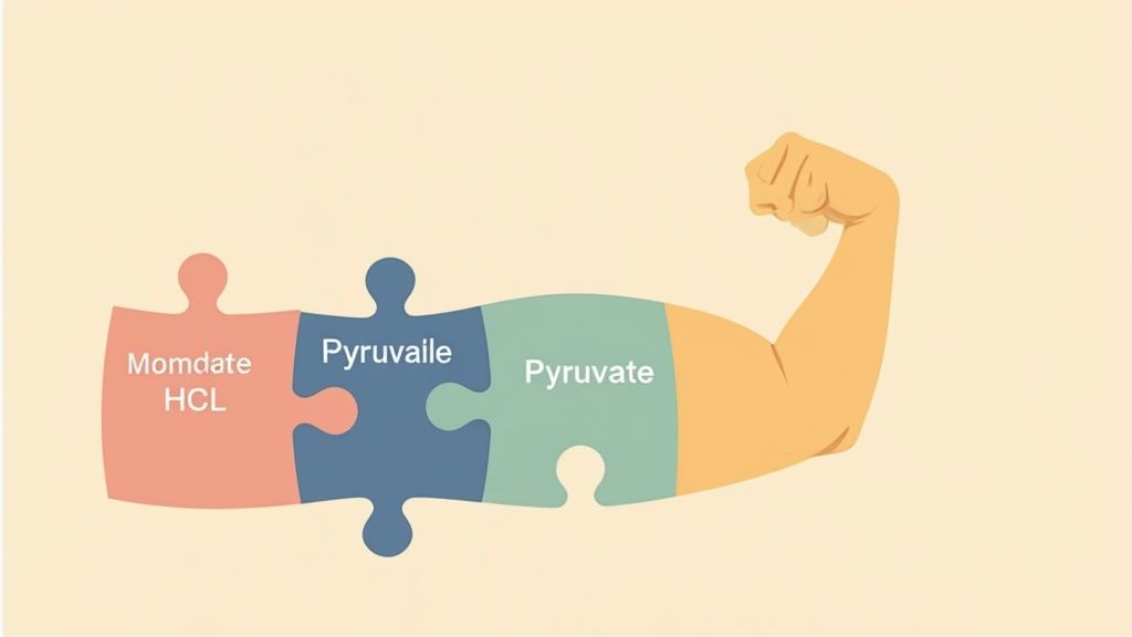 Three different types of creatine powders in spoons, representing a blend.