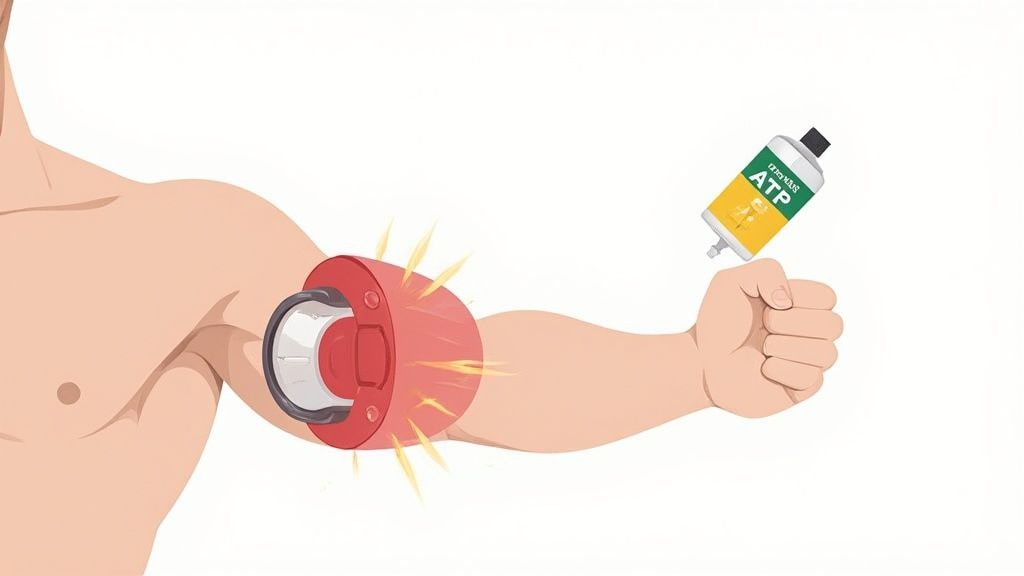 An illustration of a human arm with a muscle stimulation device emitting energy, holding a tube labeled ATP.