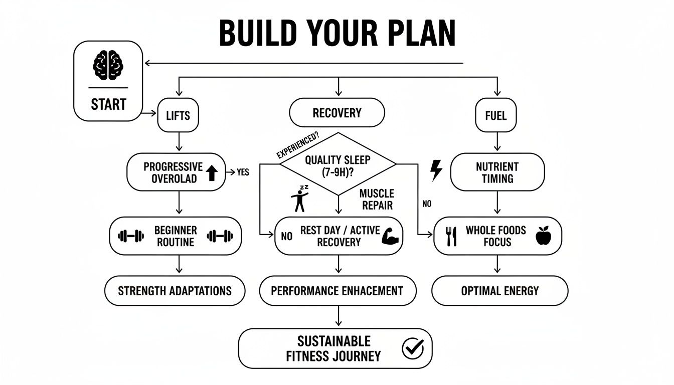 A detailed fitness plan flowchart titled 'Build Your Plan', covering lifts, recovery, and fuel for a sustainable journey.