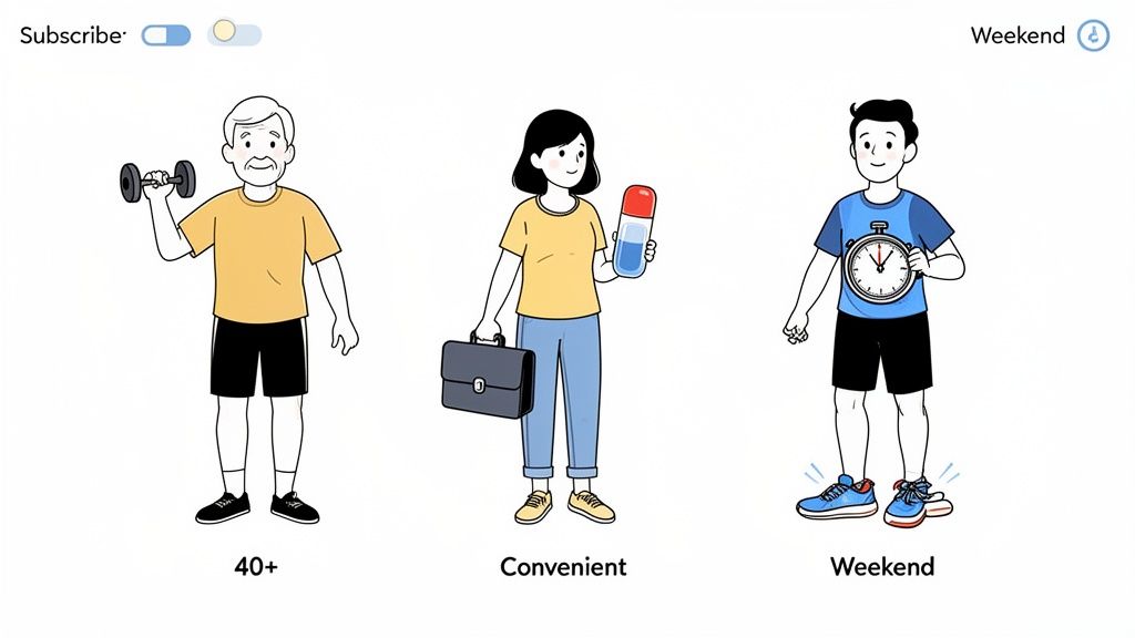 Three individuals representing diverse health profiles: an older man exercising, a woman with a supplement, and a young man with a stopwatch.