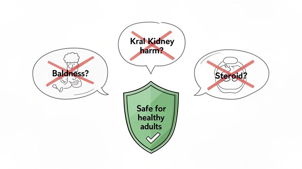A green shield states 'Safe for healthy adults,' debunking myths like 'Baldness?', 'Kral Kidney harm?', and 'Steroid?'.