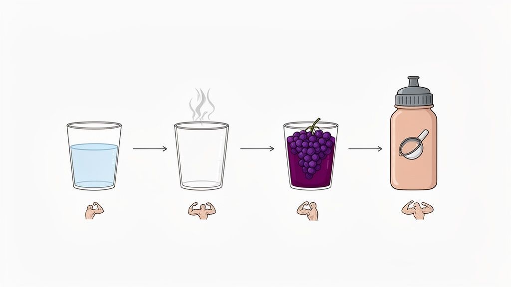 A four-step diagram illustrating the preparation of a muscle supplement drink using water, grape juice, and powder.