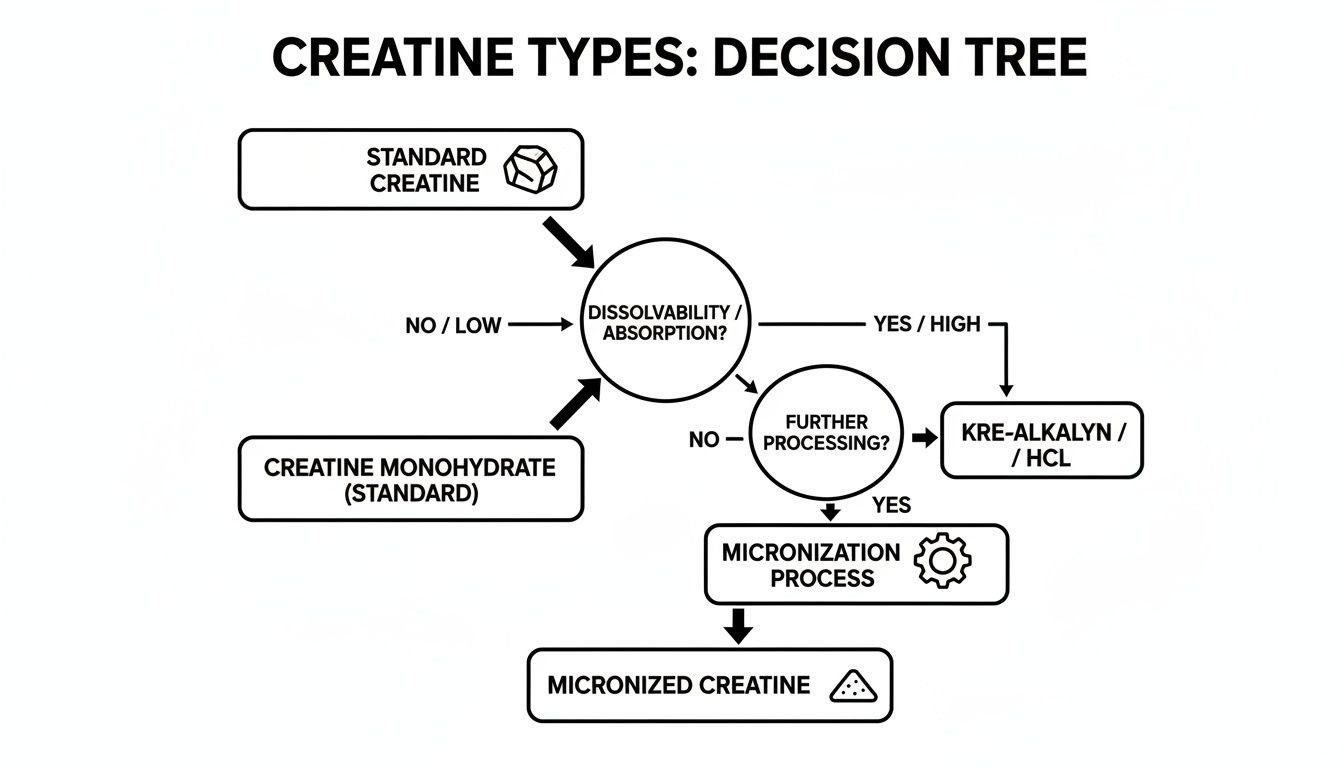 Decision tree illustrating creatine types, including monohydrate, micronized, Kre-Alkalyn, and HCL, based on processing.