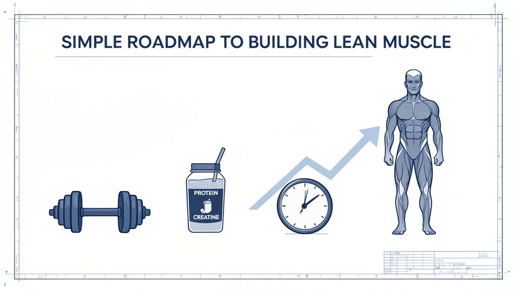 Simple roadmap to building lean muscle showing a dumbbell, supplements, a clock, and a muscular man.