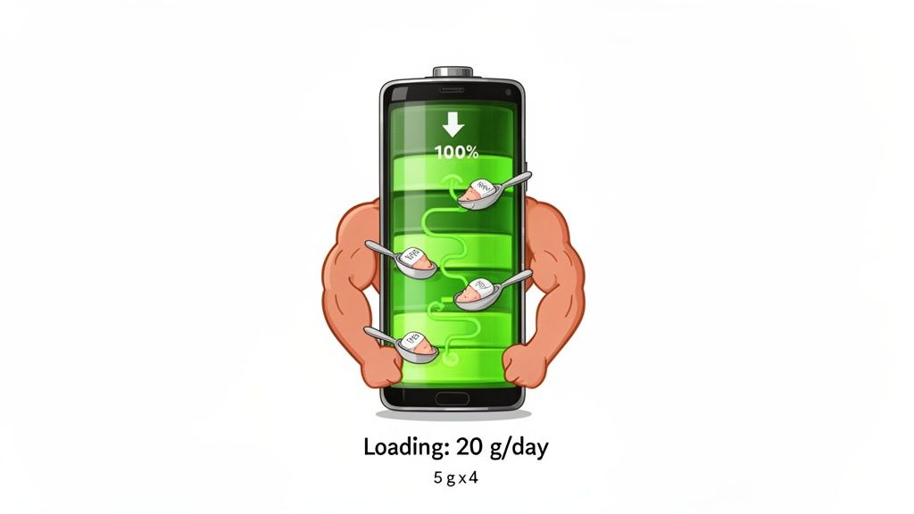 A muscular smartphone battery is being loaded with four 5g scoops of powder, representing a 20g daily creatine dosage.