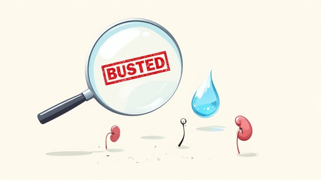 A magnifying glass hovering over a scoop of creatine powder, symbolizing myth-busting.