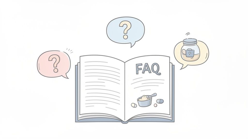 Open FAQ book with powder and pills, surrounded by question marks and a jar icon.