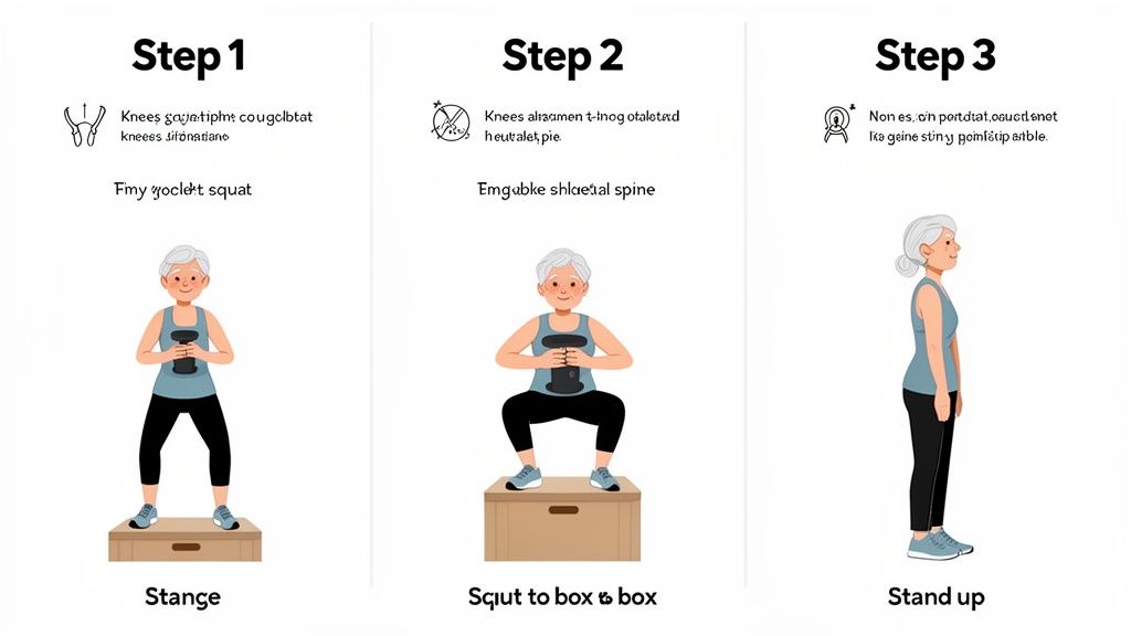 Three steps of an older woman performing a box squat exercise with a dumbbell.