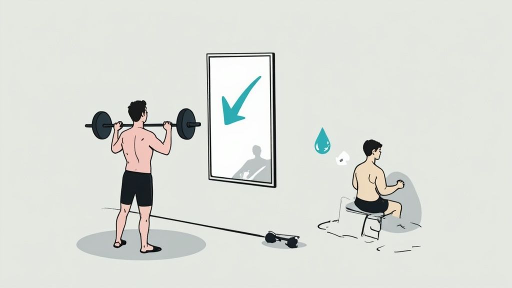 A man lifting weights in a gym with a checkmark in the mirror, contrasted with a man sweating in a sauna.