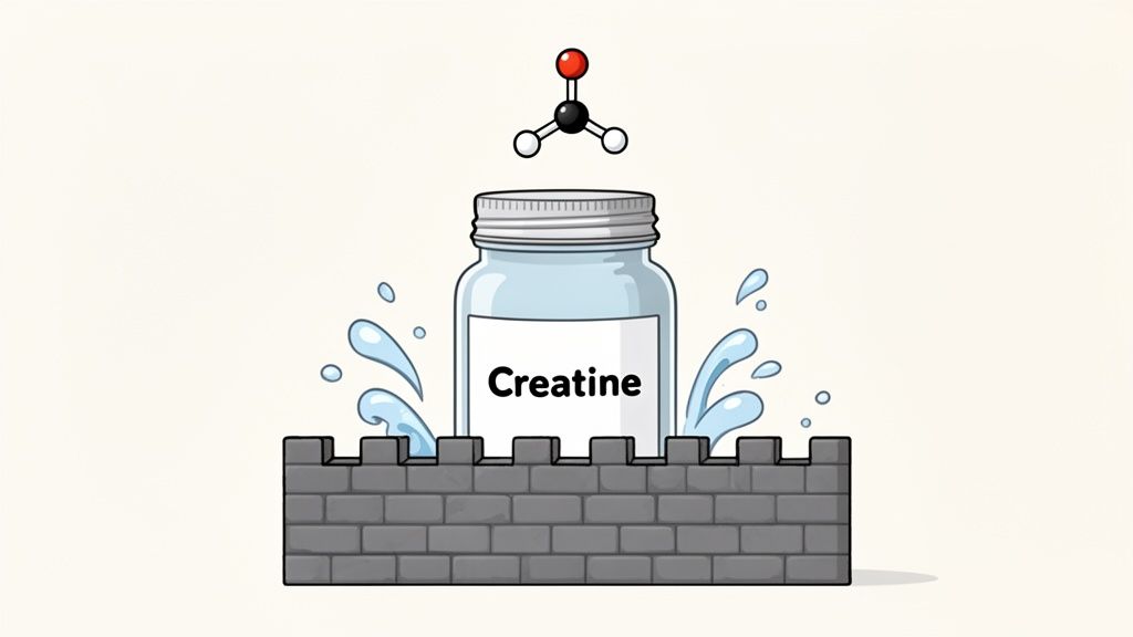 A jar of Creatine powder splashes with water on a brick wall, with a molecule above.
