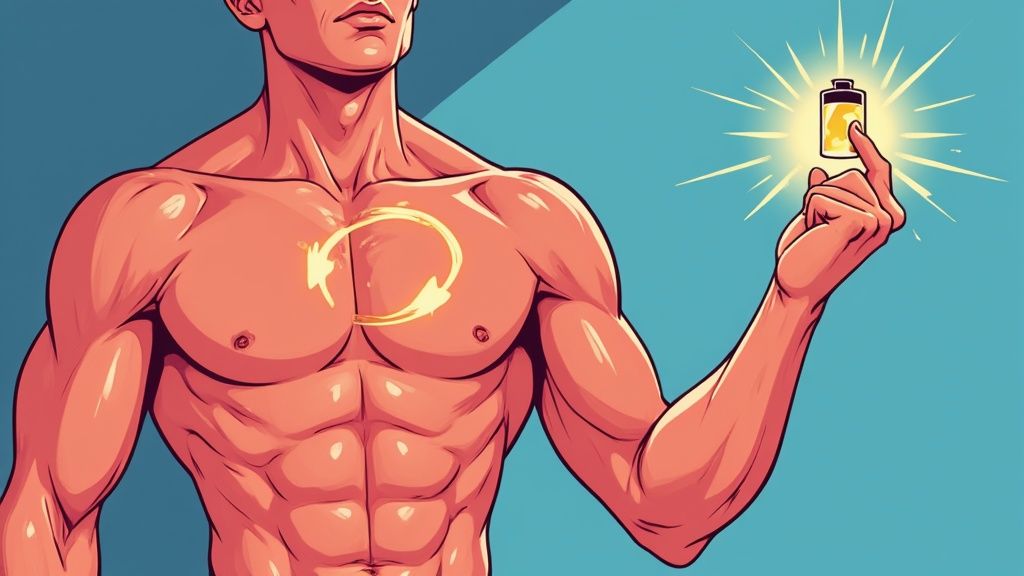 A person holding a scoop of creatine powder over a shaker bottle.