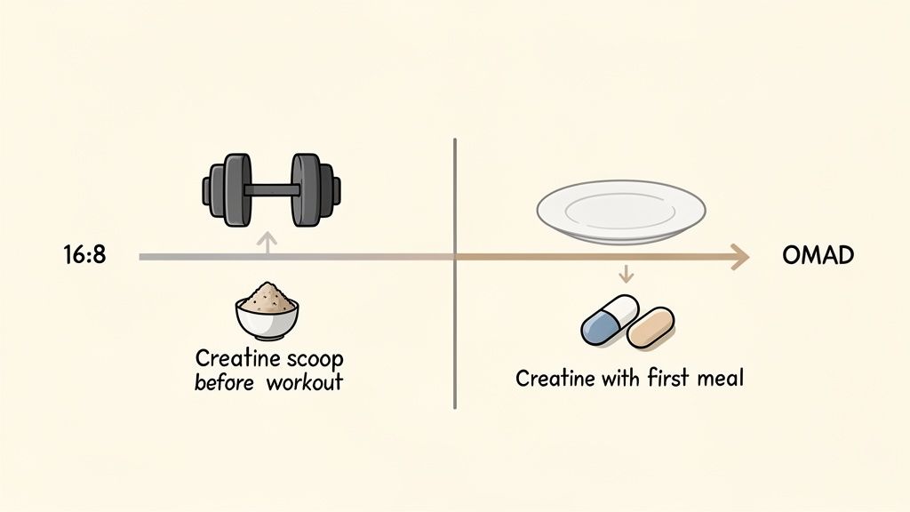 An image comparing creatine intake timing for 16:8 fasting before workout and OMAD with first meal.