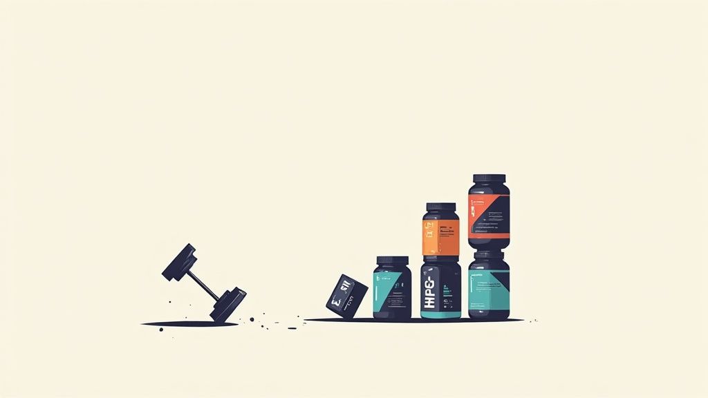 Supplement bottles and dumbbells arranged together showing muscle building and fitness nutrition products