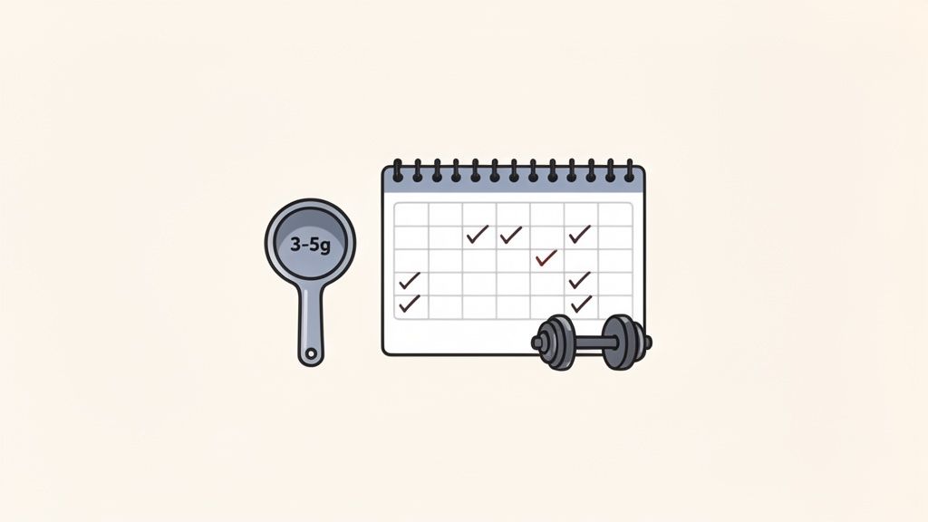 Illustration of a scoop showing 3-5g, a calendar with checkmarks for consistency, and a dumbbell, symbolizing a fitness routine.