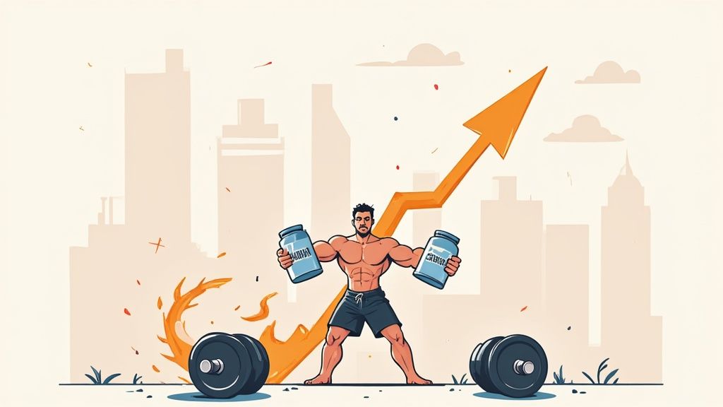 A person scoops creatine powder into a shaker bottle, ready to mix their pre-workout supplement.