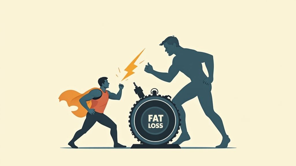 Illustration showing person pushing fat loss wheel confronting larger athletic figure representing fitness transformation