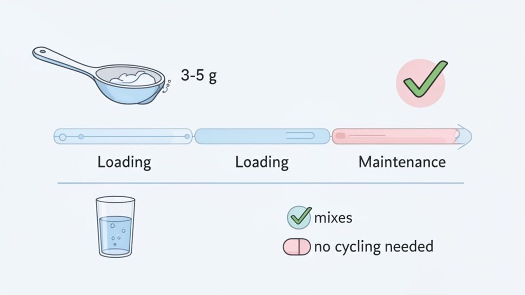Infographic shows creatine loading and maintenance phases, with a 3-5g daily dose, mixing well, and no cycling needed.