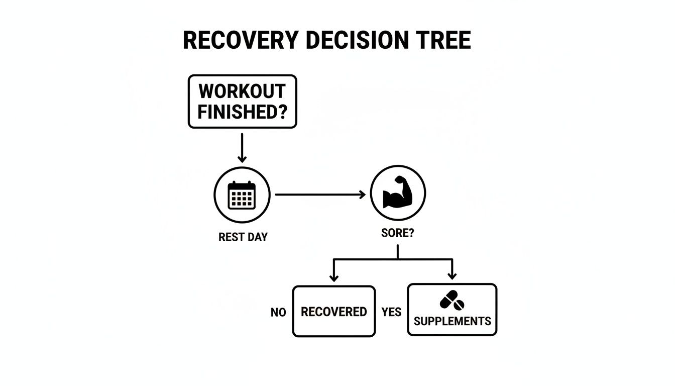 A recovery decision tree flowchart illustrating steps after a workout, including rest day, checking for soreness, and considering supplements.