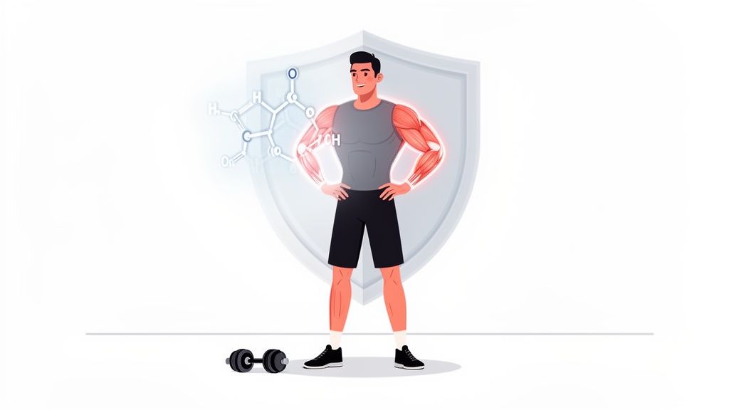 Illustration of a fit man with glowing red muscles, a protective shield, a chemical structure, and a dumbbell.