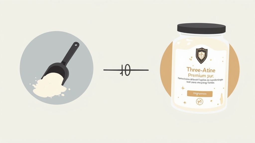 A black scoop of white powder next to a jar labeled 'Three-Atine Premium yur' supplement.