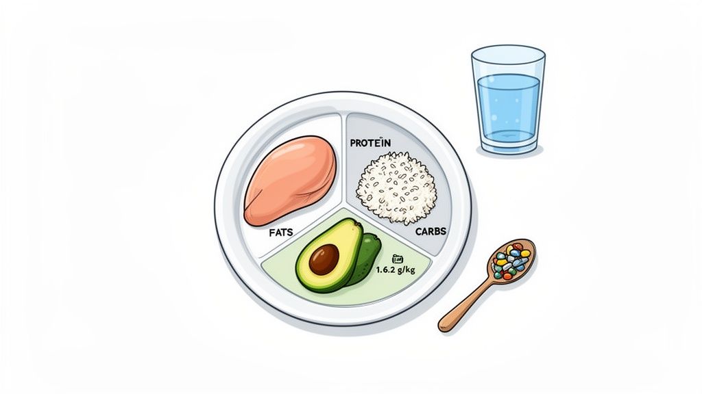 A balanced meal plate showing chicken, rice, avocado, water, and supplements for muscle growth.