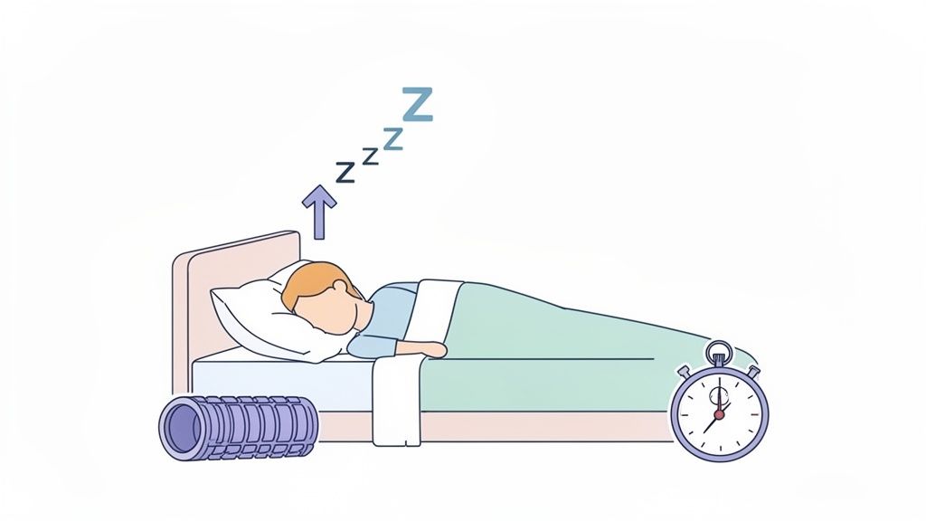 An illustration of a person sleeping soundly in bed with a foam roller and stopwatch nearby, indicating improved sleep.